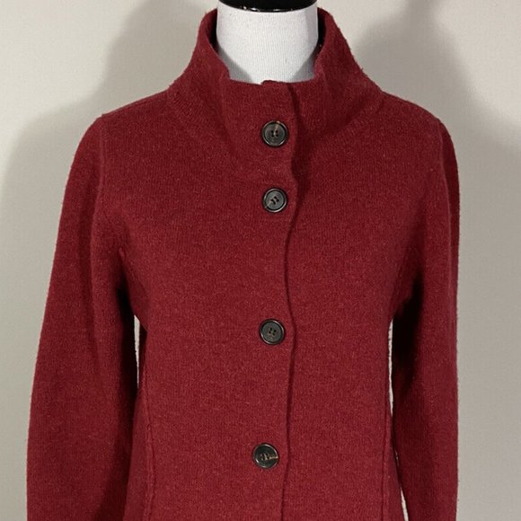 🍎 Eileen Fisher Cardigan Sweater S Red Pockets Mock Neck Hi Low Hem Wool - Picture 2 of 8